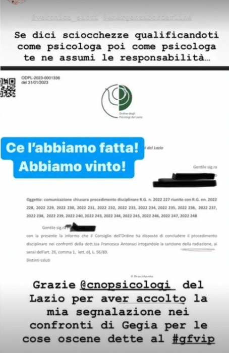 Gegia radiata dall'albo degli psicologi del Lazio, la storia Instagram di Veronica Satti.