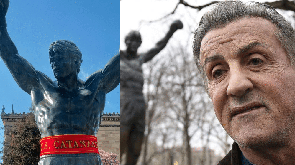 La statua di Rocky a Philadelphia con la sciarpa del Catanzaro: "Italiani, siamo ovunque"