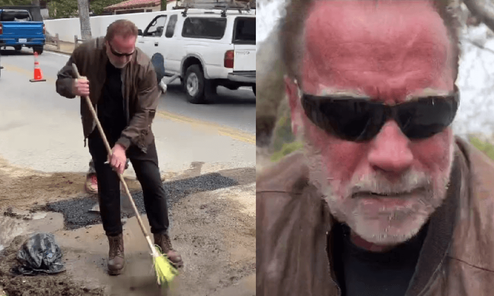 Schwarzenegger furioso per le buche stradali, va in strada e le ripara lui Follia, 3 settimane che aspetto