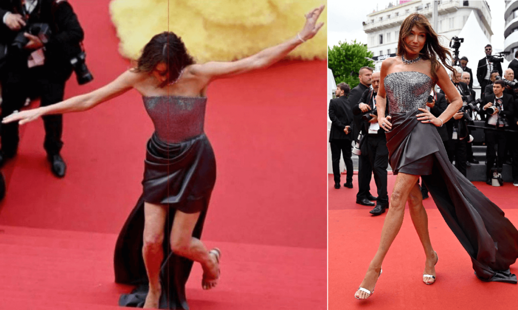 Carla Bruni inciampa sul red carpet e rischia la figuraccia bellissima in minigonna, è la diva di Cannes 2023