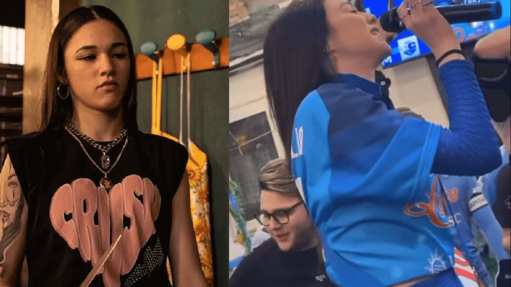 Rosa Ricci di Mare Fuori in lacrime mentre canta O' Mar for in centro la festa scudetto della squadra