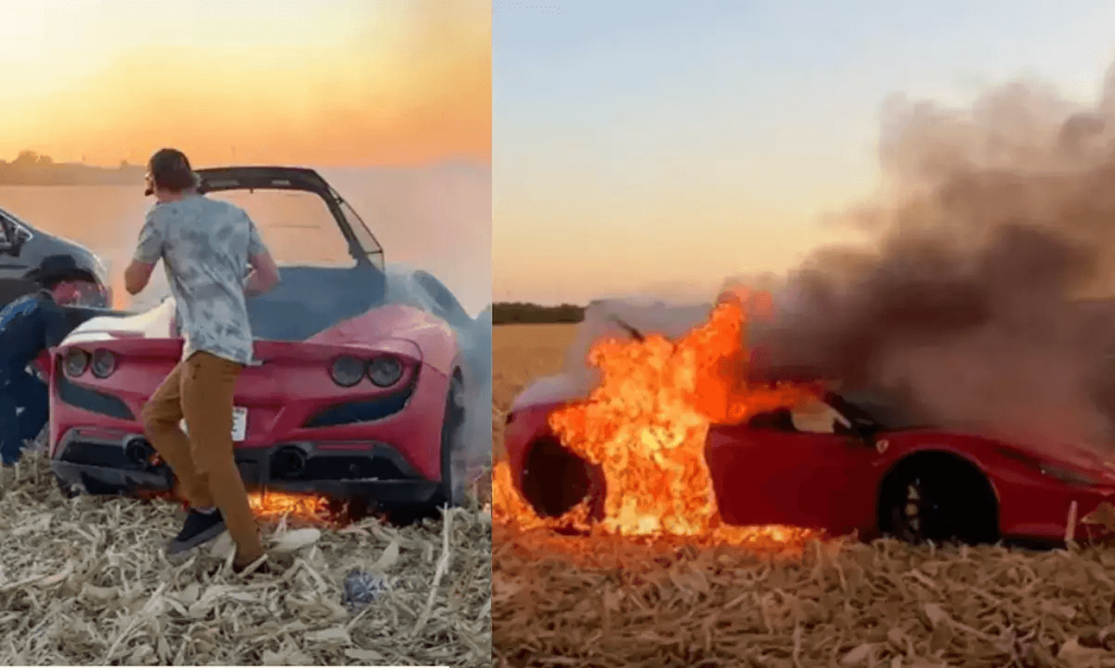 Sfreccia con la Ferrari da 240mila€ in un campo di grano (VIDEO), ma l'auto prende fuoco