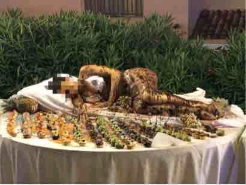 “Senza parole guardando questa scena: buffet dei dolci a bordo piscina, su un tavolo una ragazza 'in costume' ricoperta di cioccolato, stesa in mezzo ai pasticcini", commenta inorridito un presente