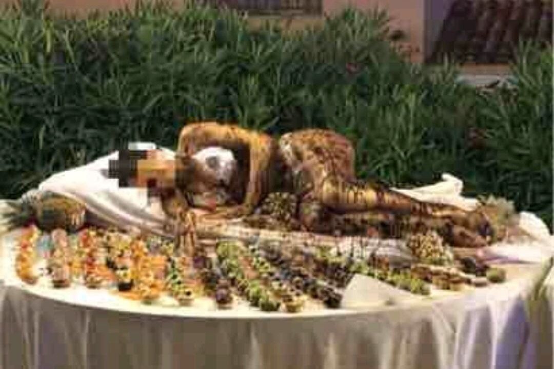 “Senza parole guardando questa scena: buffet dei dolci a bordo piscina, su un tavolo una ragazza 'in costume' ricoperta di cioccolato, stesa in mezzo ai pasticcini", commenta inorridito un presente
