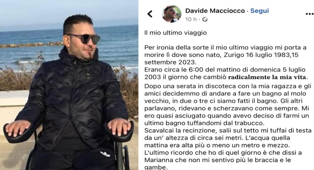 Davide Macciocco paralizzato da 20 anni, decide di farla finita
