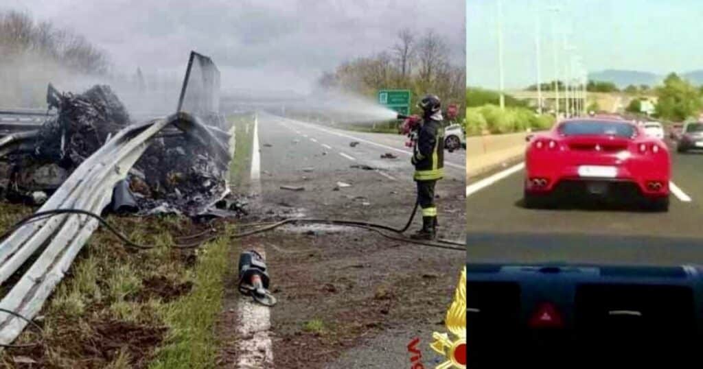 Ferrari schiantata in autostrada prende fuoco: 2 morti