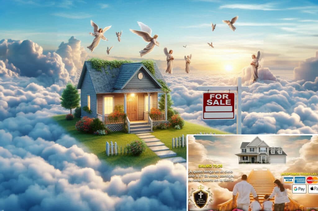 Nella brochure viene spiegato come l'acquisto di terreni in Paradiso possa garantire al fedele-cliente una sicura "ascensione"