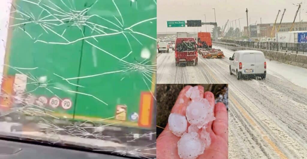 Tempesta di grandine sulla A4: parabrezza distrutti