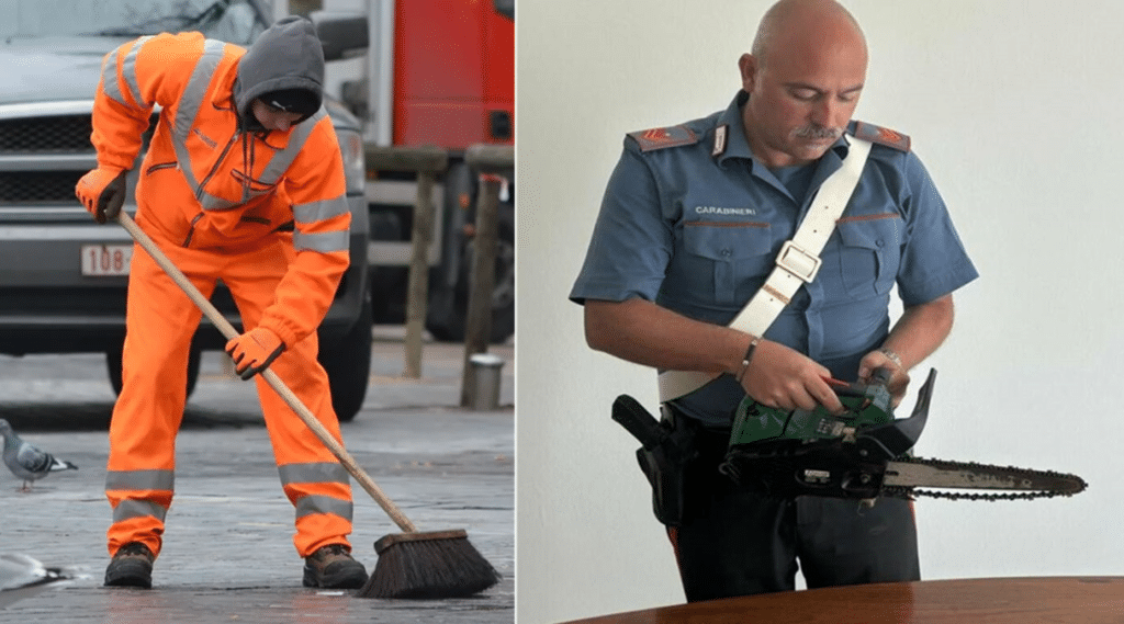 Minaccia netturbino con una motosega